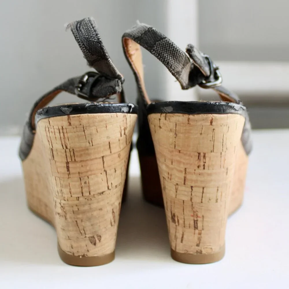 Coach Ferry Grey Logo Jacquard Tan Cork Wedge Slingback Sandal Heels Size 6.5 - Picture 4 of 8